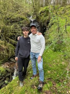 My son and I exploring the woods around Drymsynie